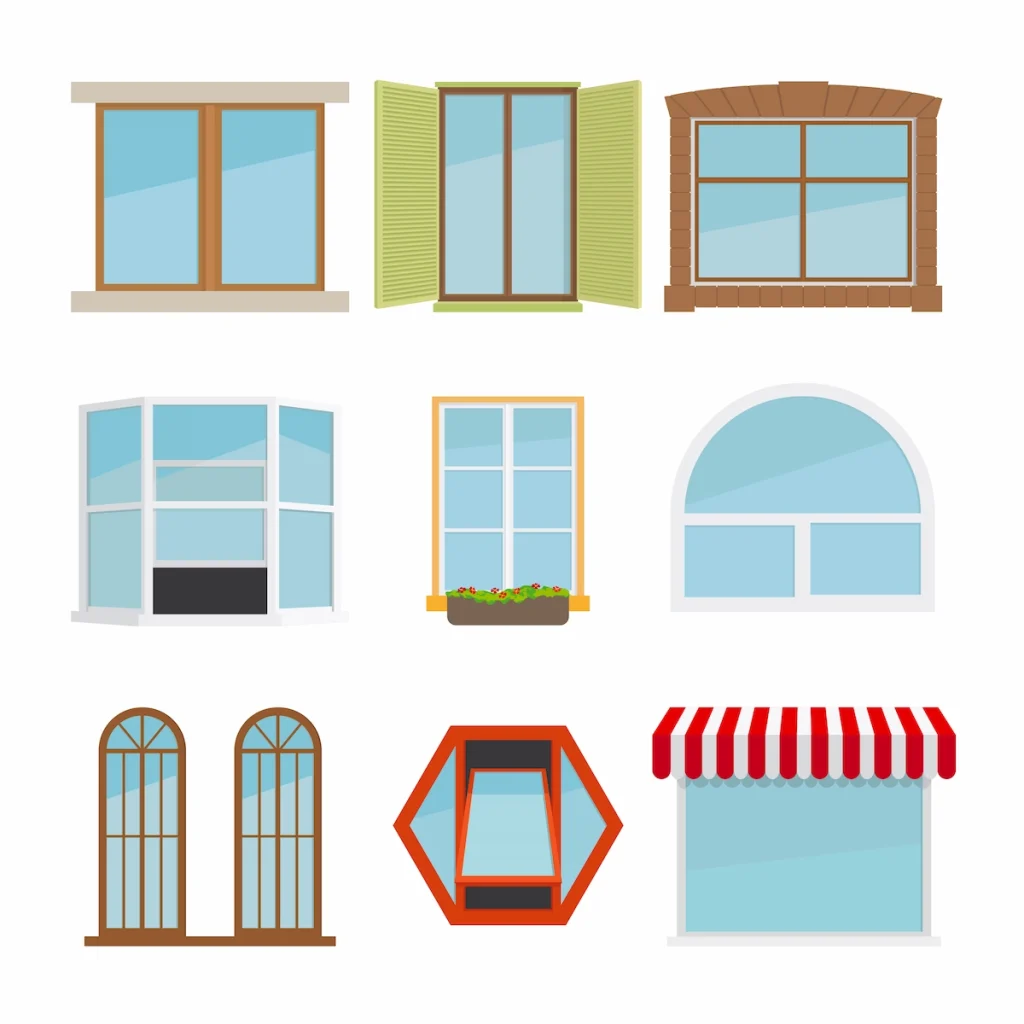 Muestra de diferentes tipos de ventanas de PVC y sus sistemas de apertura en una vivienda.
