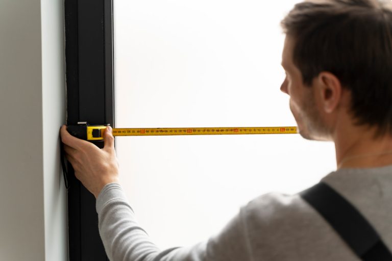Profesional midiendo un hueco en la pared para comprobar las medidas estandar ventanas pvc antes de la